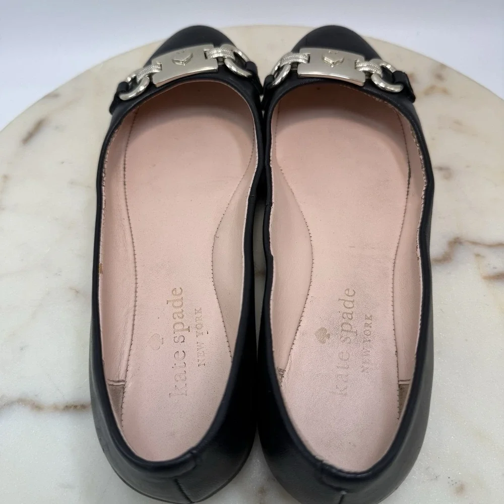 Kate Spade Payton Ballet Flats Black Leather Silver Logo Size 6.5B Slip-On